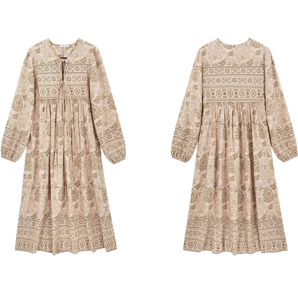 Long Sleeve Floral Print Retro V Neck Tassel Bohemian Midi Dresses